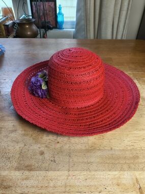 Vintage red straw floppy sun hat with fake purple roses glued on